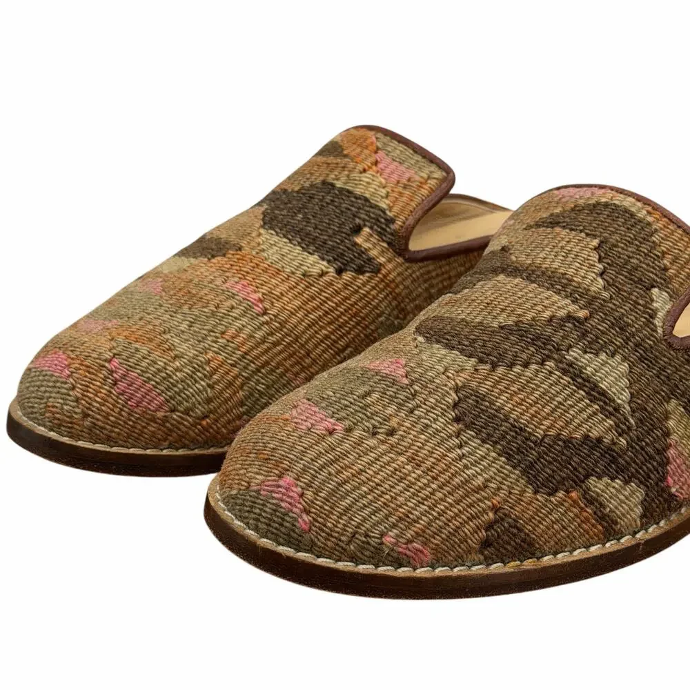 Mules Kilim Smoking Shoes Mule Women SZ 11 Tapestry Leather Wool Textile Brown
